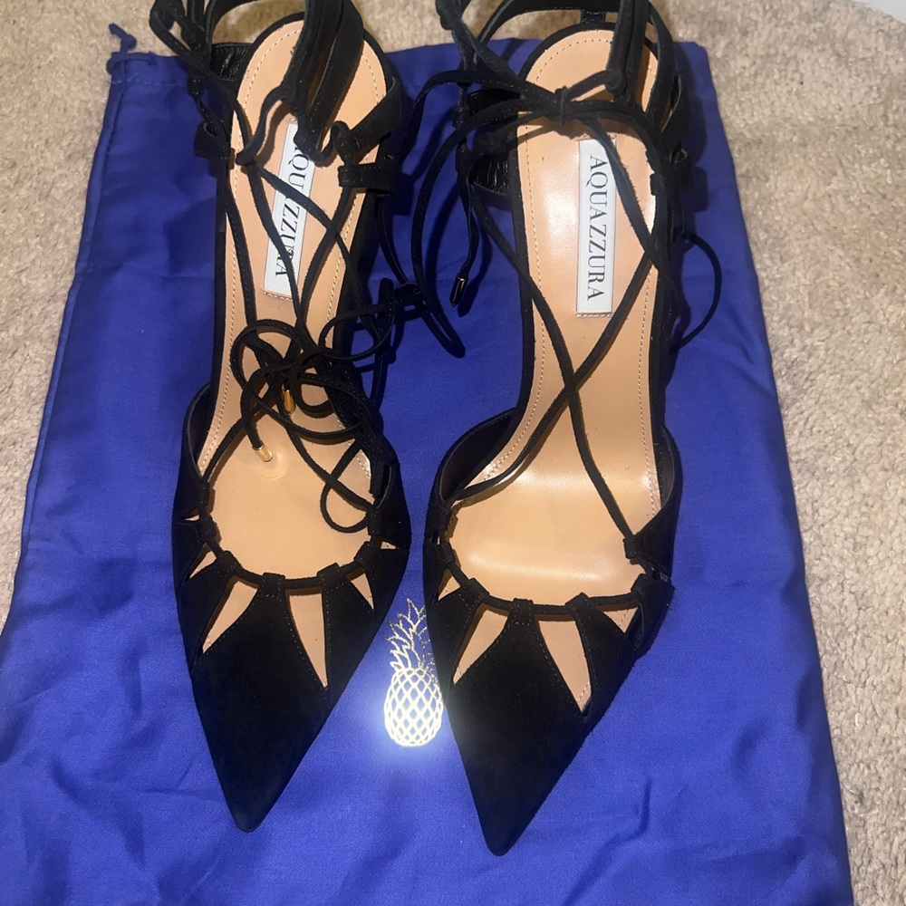 Aquazzura Brand New With Box Bellisima Black Suede Lace-Up Heels